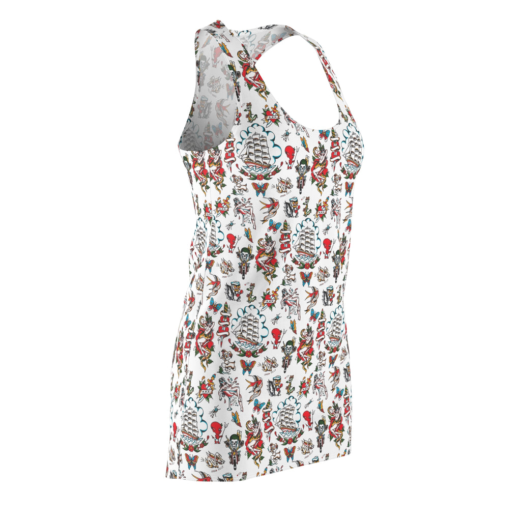 Sailor Vintage Tattoo, CRUISE DRESS, Bohemian Floral Racerback Dress, Summer Dress, Casual Dress, Beach Wear, Vacation Outfit, Festival Fashion