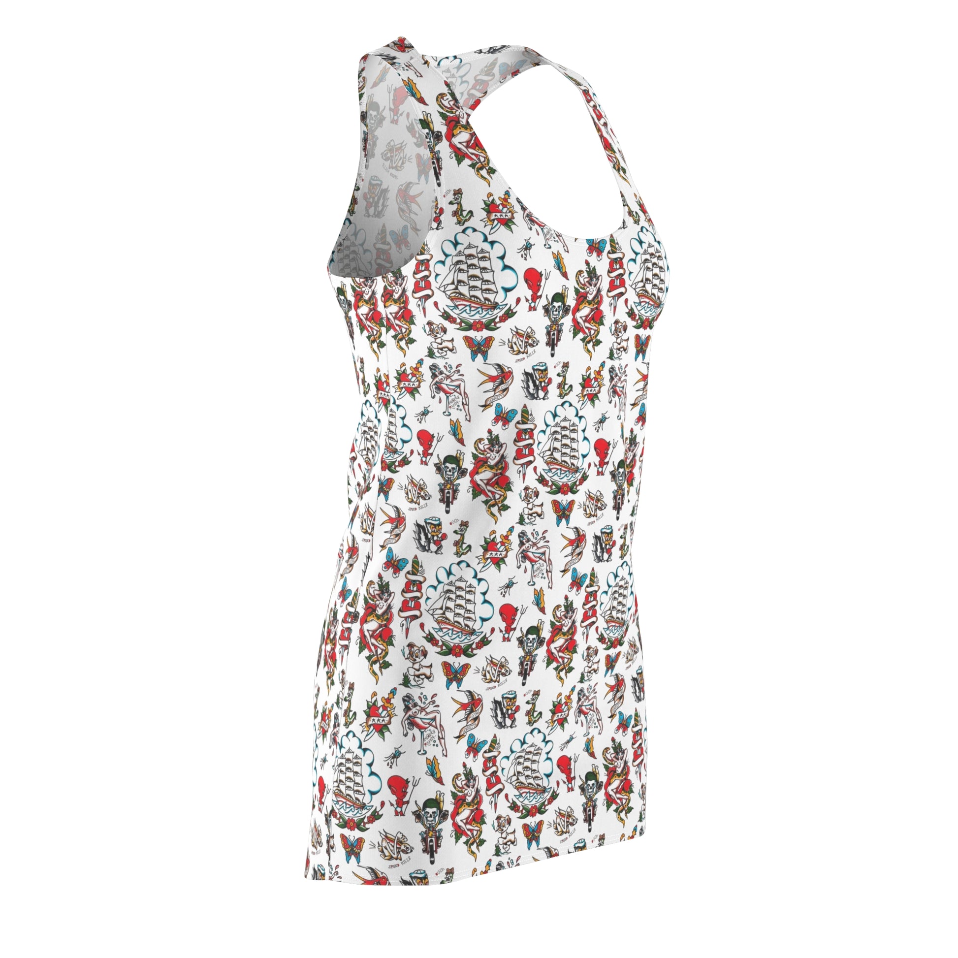 Sailor Vintage Tattoo, CRUISE DRESS, Bohemian Floral Racerback Dress, Summer Dress, Casual Dress, Beach Wear, Vacation Outfit, Festival Fashion