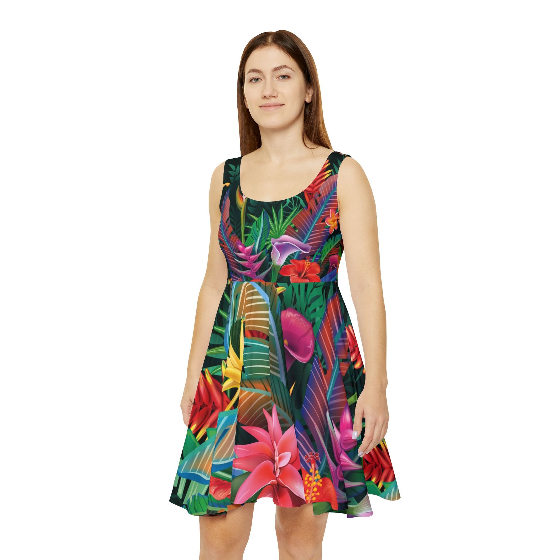 Tropical Caribbean Night Floral Skater Dress, Summer Dress, Vacation Wear, Boho Style, Birthday Gift, Tropical Print Dress, Cruise Dress