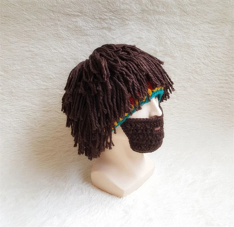 Funny Men Women Knit Bearded Hats Handmade Wig