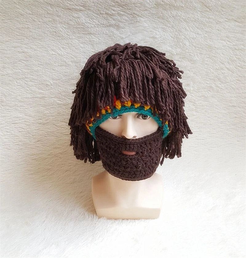 Funny Men Women Knit Bearded Hats Handmade Wig